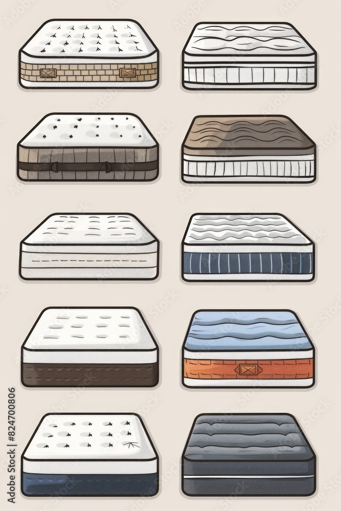 Poster Different types of mattresses on display, suitable for furniture or bedding advertisements