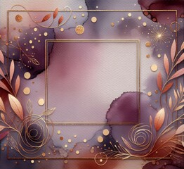 Elegant watercolor background with gold floral accents in purple and pink, ideal for invitations.