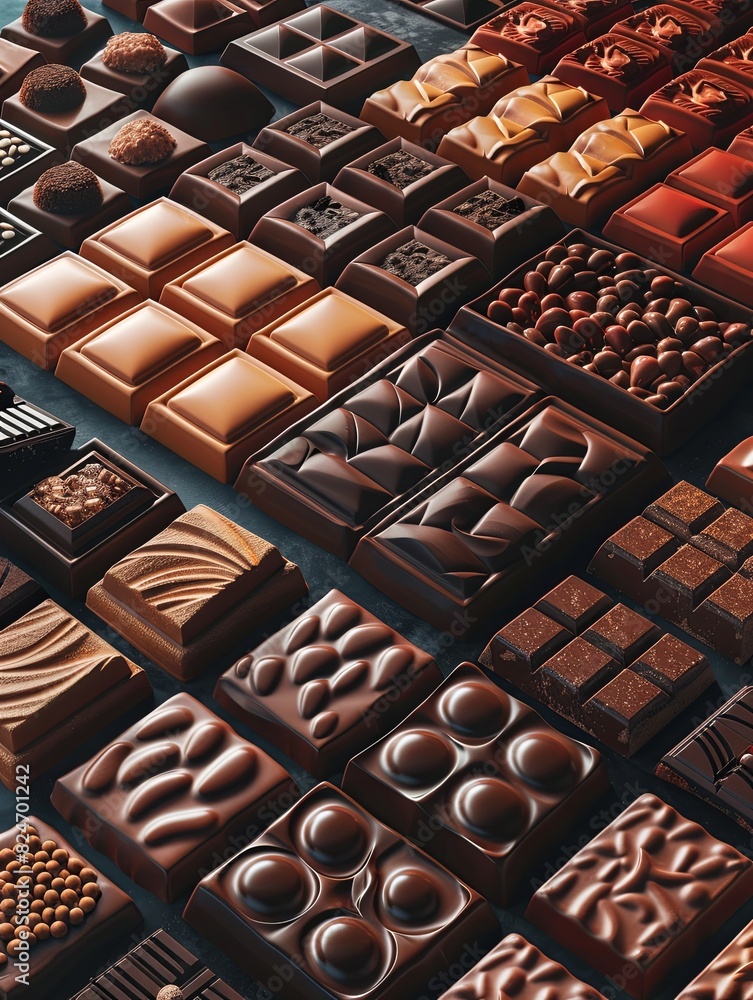 Aufkleber Various chocolate bars in different flavors and types neatly arranged on a table. Generative AI