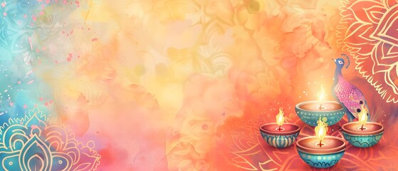 Vibrant Diwali Doodle Background with Ethereal Peacocks Mesmerizing Mandalas and Sparkling Candle Lamps