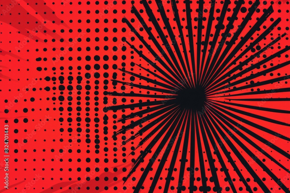 Poster Red background with black dots and a sunburst, suitable for various design projects