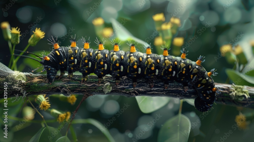 Poster close-up of a caterpillar on a tree branch, suitable for nature and wildlife themes