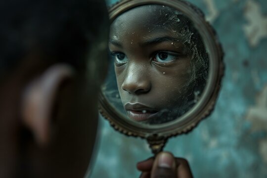 Imaginative Black boy looking magnifier. Education experiment. Generate Ai