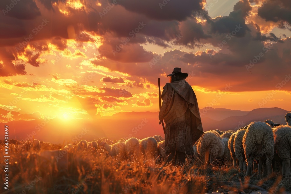 Poster a man standing in a field surrounded by a herd of sheep. ideal for agricultural or nature concepts