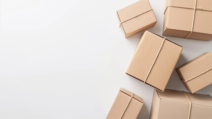 Scattered brown cardboard boxes on a white surface.