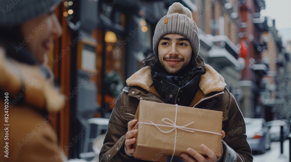 Poster A front view of a delivery person bringing a package to a recipient. Generative AI.