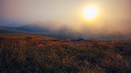 Amazing sunset in Ukrainian Carpathian mountains , Chornigysrsyi hrebet range