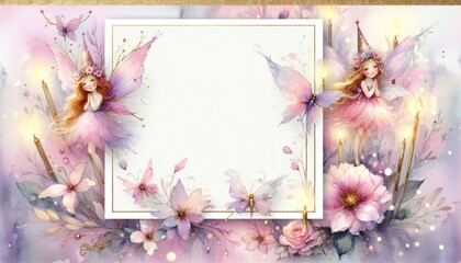 Fairy-themed frame with flowers, butterflies, and whimsical fairies for children's fantasy invites.