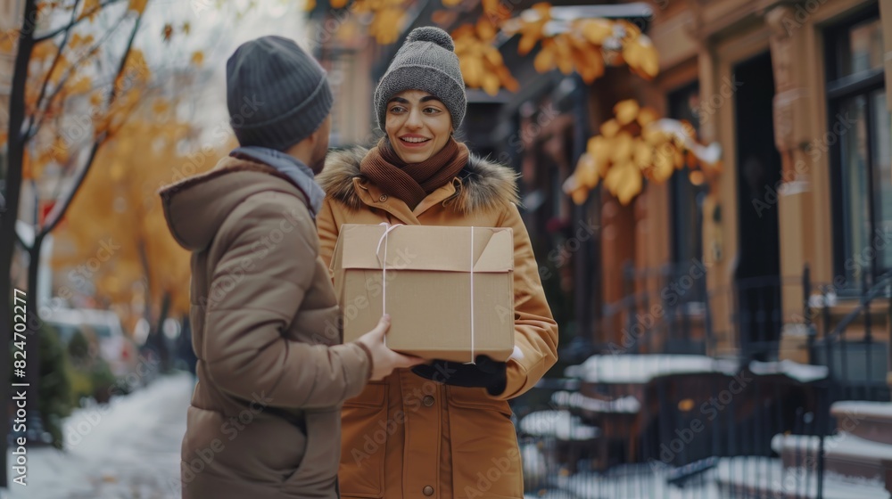 Poster A front view of a delivery person bringing a package to a recipient. Generative AI.