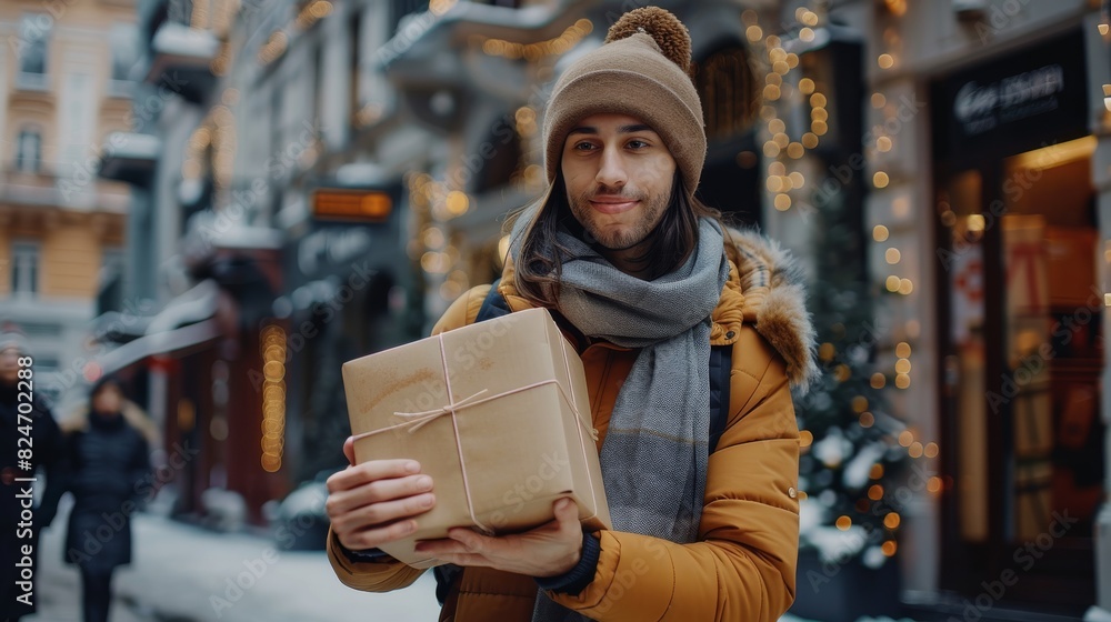 Poster A front view of a delivery person bringing a package to a recipient. Generative AI.