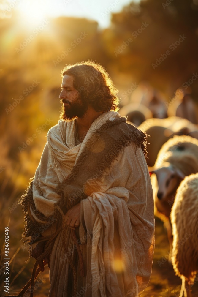 Poster A man with a beard standing in a field with sheep. Suitable for agricultural or farming concepts