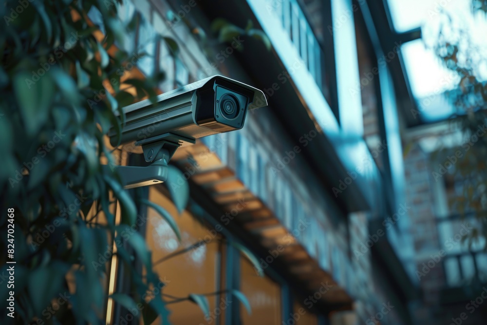 Poster a security camera mounted on a building. suitable for surveillance concepts