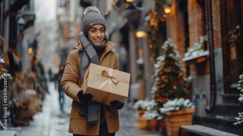 Poster A front view of a delivery person bringing a package to a recipient. Generative AI.