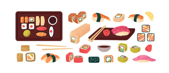 Sushi set. Different rolls with rice, fish, nori. Traditional Japanese food: salmon nigiri, unagi maki with ginger, wasabi. Asian seafood restaurant menu. Flat isolated vector illustrations on white