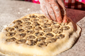 Female hands dough on a table next to a piece of dough and a dumpling mold, meat. Woman's hands...