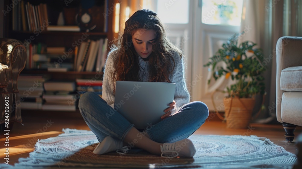 Poster a woman sitting on the floor using a laptop. ideal for technology and remote work concepts