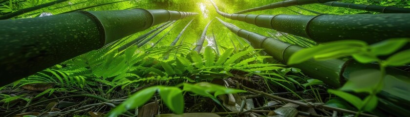 Low-angle shot of a serene bamboo forest with sunlight filtering through the tall green stalks and lush foliage at the forest floor.