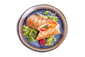 Tortilla wraps sandwiches with fresh vegetables, minced meat in plate. Burrito, sandwich wrap, fajita wrap. Shawarma with beef in pita bread. Mexican burritos, tortilla closeup. Mexican fast food