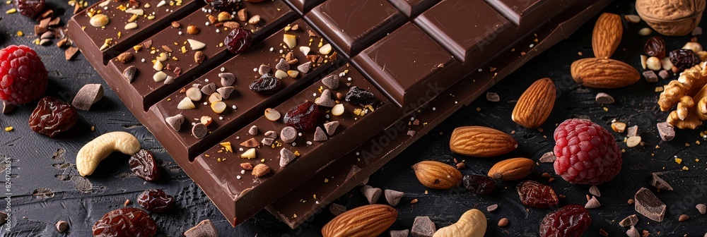 Poster A chocolate bar adorned with nuts, raspberries, and almonds, creating a visually appealing and appetizing treat. Generative AI