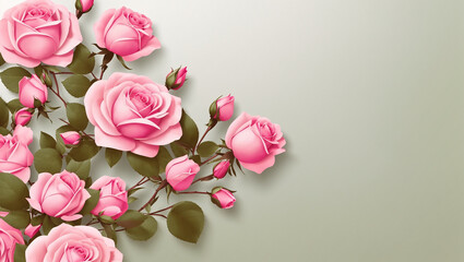 several pink roses with buds on a light grey background.