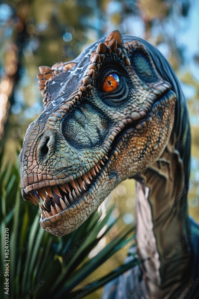 Poster close up of a dinosaur head with trees in the background. ideal for educational purposes or dinosaur