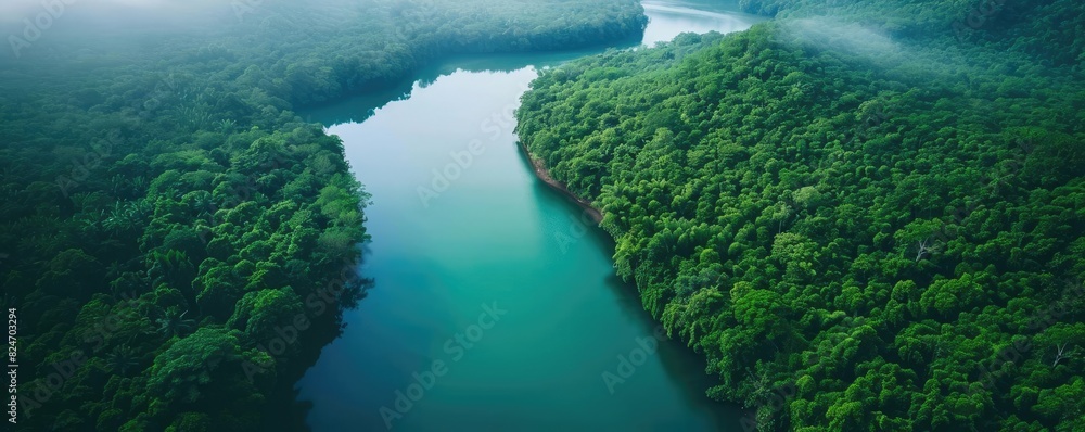 Poster aerial view of lush green forest surrounding a calm river, enveloped in mist. serene natural landsca