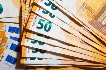 Close-up of a pile of banknotes of the European Union.
