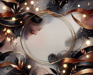 Luxurious abstract design with gold elements, dark waves, and circular frame. Perfect for backgrounds or elegant invitations.