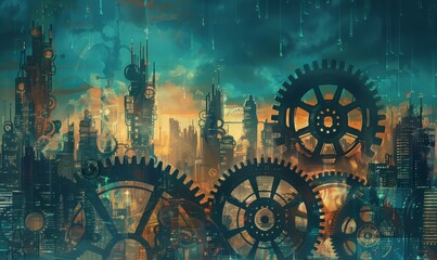 Artistic Depiction of Cogs and Gears Blending into City Skyline
