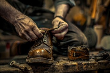 Close up of a person working on a shoe. Suitable for shoe repair or craftsmanship concept