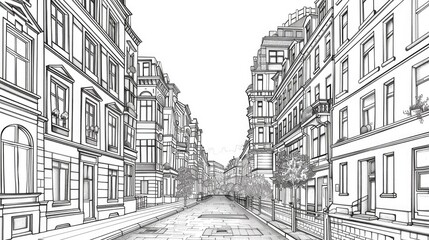 Obraz premium Detailed drawing of a city street with tall buildings. Suitable for urban planning projects