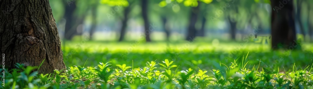 Aufkleber serene forest scene with trees and lush green grass in the foreground. soft sunlight filters through