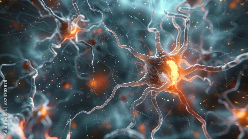 Aufkleber medical illustration, ultra close-up view of few neuron cells cluster transferring a signal to each 
