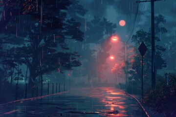 Gentle rain falling on a peaceful morning scene