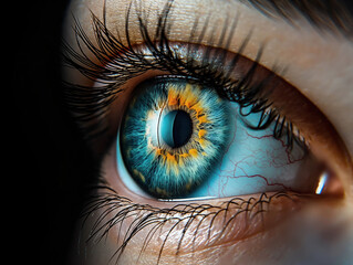 The human pupil. close-up on a black dark background.