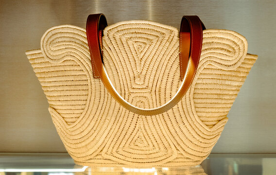 Classic Panier Triomphe made in woven raffia with leather trim by Celine.Milan - Italy,09 May 2024