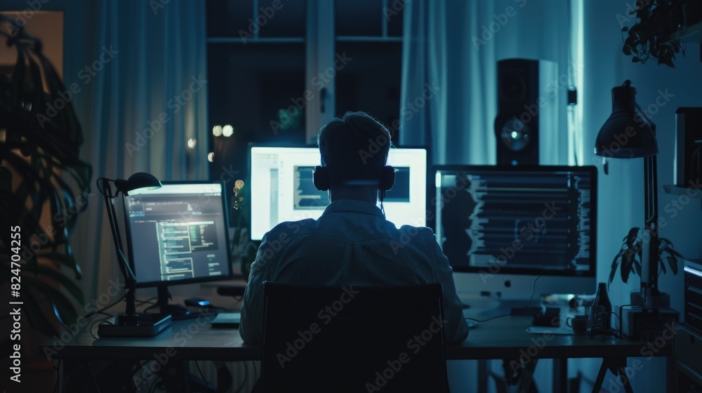 Aufkleber A man sitting at a desk in front of two computer monitors. Suitable for technology or office concepts