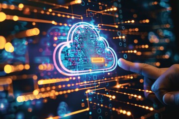 Dynamic Cloud Security Illustration Featuring Data Protection Elements Highlighting Secure Networks in a Blue and White Theme