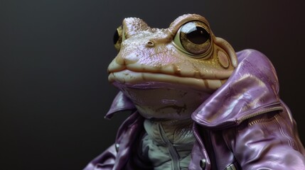 Close up of a frog wearing a purple jacket. Suitable for nature and fashion concepts