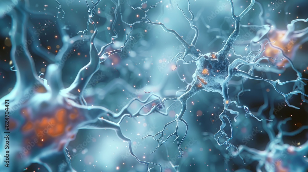 Poster medical illustration, ultra close-up view of few neuron cells cluster transferring a signal to each 