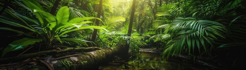 Lush tropical rainforest with dense vegetation and sunlight filtering through the canopy, showcasing the beauty of nature's greenery.