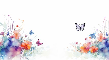 Floral watercolor border frame with butterflies detailed petals and wings