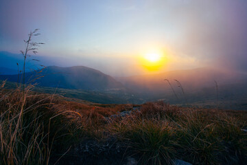Amazing sunset in Ukrainian Carpathian mountains , Chornigysrsyi hrebet range