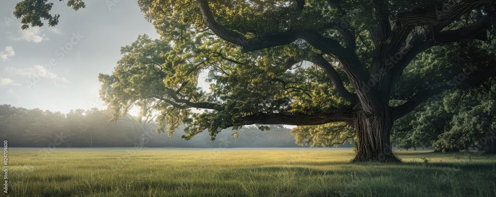 Poster a serene landscape with a large oak tree casting shade over a green meadow under a clear sky in a ca