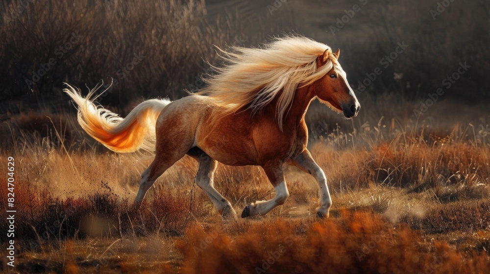 Poster A horse with a long mane running through a field. Suitable for various outdoor themes