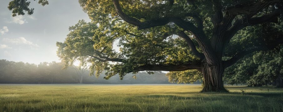A serene landscape with a large oak tree casting shade over a green meadow under a clear sky in a calm, peaceful setting.