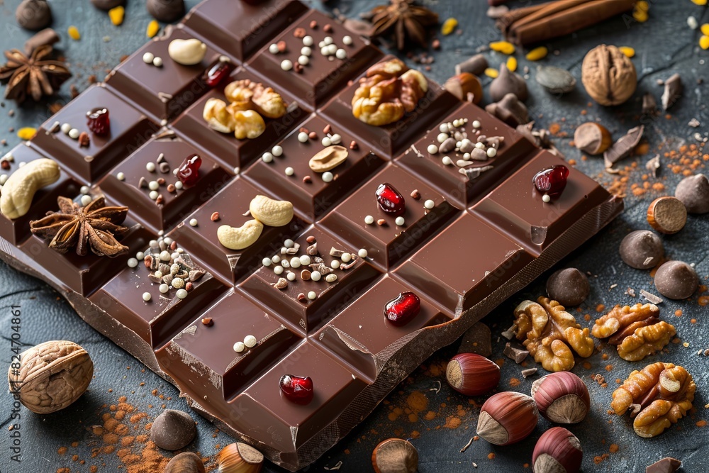 Poster detailed shot of a gourmet chocolate bar adorned with assorted nuts and spices for a delightful culi