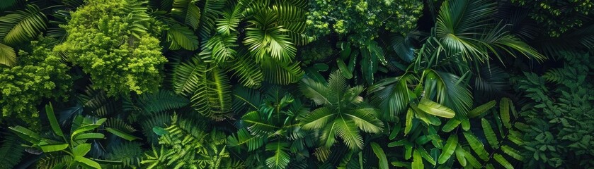 Lush green tropical foliage background, showcasing a variety of vibrant leaves and plants in a dense, natural arrangement.