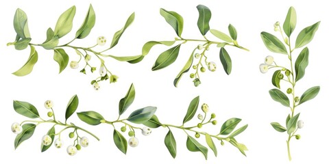 Green leaves and flowers on a white background, perfect for botanical designs