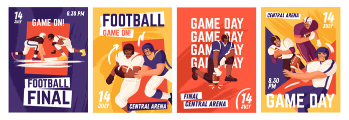 Advertising posters of American football match set. Promotion of sport event. Professional athletes, players in uniform, helmets play rugby. Promo of field game competition. Flat vector illustrations © Paper Trident